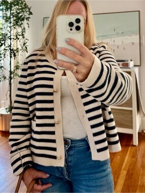 NVLT Navy and Cream Striped Button-Up Cardigan
